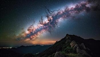 tranquilo noite céu iluminado de majestoso leitoso caminho galáxia gerado de ai foto