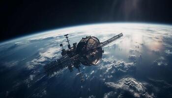 astronautas explorar a galáxia dentro uma futurista nave espacial órbita terra gerado de ai foto