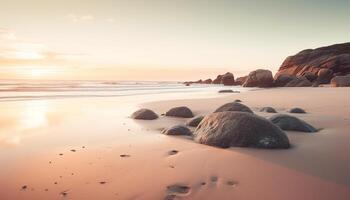 a tranquilo cena do a pôr do sol sobre a rochoso litoral gerado de ai foto