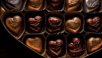 uma luxuoso coração em forma caixa do gourmet Sombrio chocolate trufas gerado de ai foto