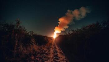 a brilhando inferno do uma fogueira luzes acima a noite gerado de ai foto