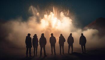 uma grupo do pessoas em pé em uma montanha às pôr do sol gerado de ai foto