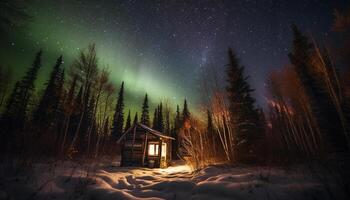tranquilo inverno noite, iluminado de Estrela trilha e leitoso caminho gerado de ai foto