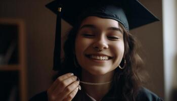 1 jovem mulher comemora sucesso dentro graduação vestido, sorridente francamente gerado de ai foto