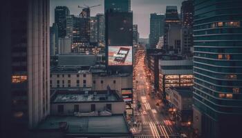 Pequim futurista Horizonte iluminado de cidade luzes às crepúsculo gerado de ai foto