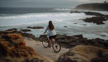 1 pessoa ciclismo ao longo a litoral, desfrutando a ao ar livre gerado de ai foto