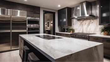 moderno cozinha Projeto com inoxidável aço eletrodomésticos e mármore bancadas gerado de ai foto