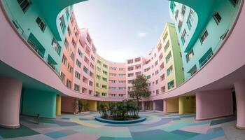 uma moderno arranha-céu com multi colori janelas reflete a vibrante paisagem urbana gerado de ai foto