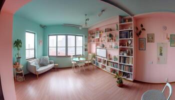 uma moderno, elegante vivo quarto com confortável mobília e brilhante azul acentos gerado de ai foto