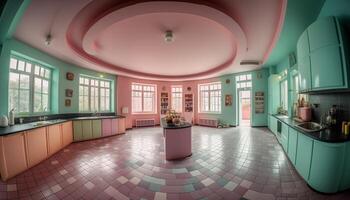moderno doméstico cozinha com elegante madeira pavimentos e brilhante iluminação gerado de ai foto