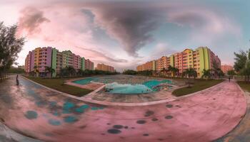 moderno arranha-céus iluminar cidade Horizonte às crepúsculo, uma famoso Lugar, colocar gerado de ai foto