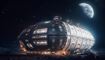 futurista nave espacial ilumina Sombrio galáxia, excesso de velocidade para moderno paisagem urbana gerado de ai foto