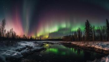 majestoso montanha alcance iluminado de aurora polaris e estrelado céu gerado de ai foto