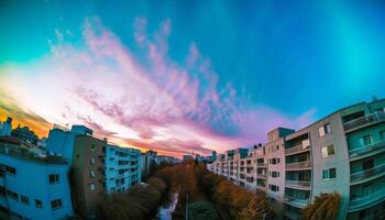 moderno arranha-céus iluminar cidade Horizonte às crepúsculo, refletindo vibrante cores gerado de ai foto