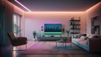 moderno vivo quarto com confortável sofá, elegante decoração e iluminação gerado de ai foto