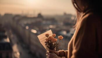 uma jovem adulto mulher segurando uma flor às nascer do sol gerado de ai foto