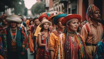 uma colorida parada do tradicional roupas comemora indígena cultura gerado de ai foto