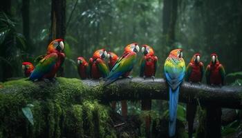 vibrante arara empoleirar-se em ramo dentro tropical floresta tropical beleza gerado de ai foto