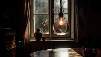 a velho formado de madeira luminária ilumina uma moderno casa interior gerado de ai foto