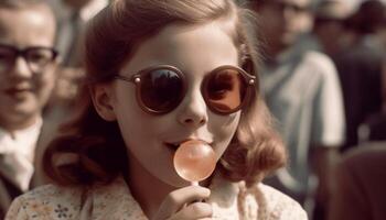 uma bonitinho, alegre menina sopro bolhas com oculos de sol em ao ar livre gerado de ai foto