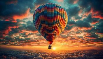 multi colori quente ar balão sobe através vibrante pôr do sol céu gerado de ai foto
