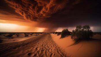 majestoso montanha silhueta contra dramático pôr do sol céu, tranquilo cena gerado de ai foto