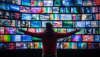 1 pessoa assistindo futurista filme em Largo tela televisão conjunto gerado de ai foto