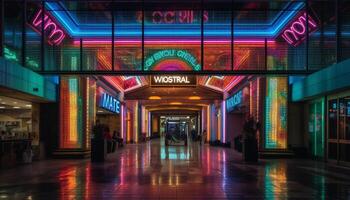 caminhando através a futurista cassino, cercado de multi colori néon luzes gerado de ai foto