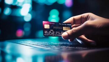 seguro eletrônico bancário com crédito cartão compra usando sem fio tecnologia gerado de ai foto