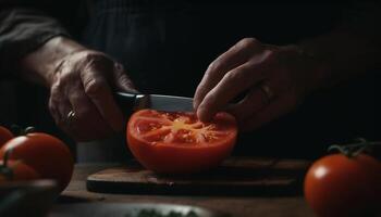 fresco orgânico tomate fatiar, uma saudável ingrediente para vegetariano salada gerado de ai foto