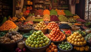 uma ampla cesta do multi colori frutas e legumes para venda gerado de ai foto