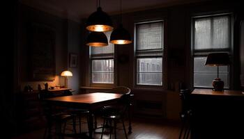 moderno luxo jantar quarto iluminado de elegante lustre e janela gerado de ai foto