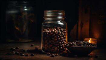 Sombrio assado café feijões preencher rústico jarra em de madeira mesa gerado de ai foto