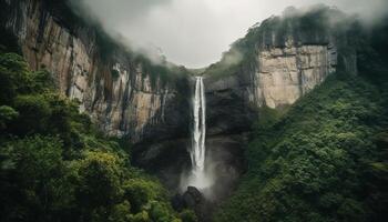 a majestoso montanha pico gotas para dentro a fluindo água abaixo gerado de ai foto