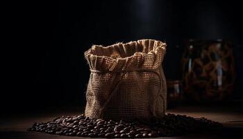 orgânico café feijões dentro serapilheira saco, rústico ainda vida Projeto gerado de ai foto