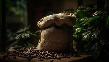 orgânico serapilheira saco do grão inteiro café feijões, rústico ainda vida gerado de ai foto