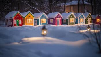 Nevado inverno noite, iluminado árvore, multi colori decorações, infância recordações gerado de ai foto