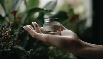 uma caucasiano mão segurando uma vidro jarra do fresco ervas remédio gerado de ai foto