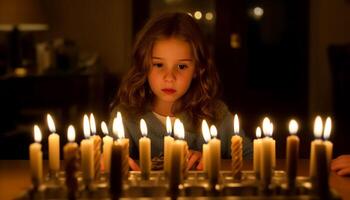 uma fofa caucasiano menina detém uma queimando vela dentro celebração gerado de ai foto