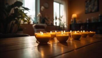 a brilhando vela em a mesa traz relaxamento e conforto gerado de ai foto