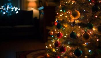 ornamentado Natal árvore iluminado com brilhando multi colori decorações dentro de casa gerado de ai foto
