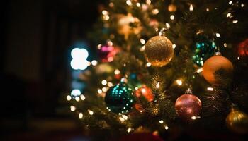dourado enfeites adornar a brilhando Natal árvore dentro decorado casa gerado de ai foto