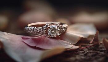 uma brilhante platina Casamento anel com uma diamante pedra preciosa peça central gerado de ai foto