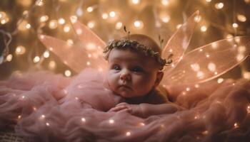 fofa bebê menina sorridente, a comemorar Novo vida com família alegria gerado de ai foto