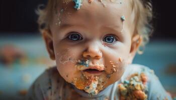 uma fofa bebê menina comendo bagunçado chocolate sobremesa ao ar livre alegremente gerado de ai foto