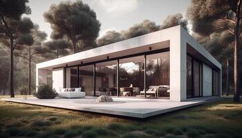 uma moderno luxo casa com uma natação piscina e pôr do sol Visão gerado de ai foto
