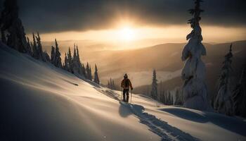 silhueta esquiar em montanha declive, desfrutando inverno aventura e Diversão gerado de ai foto