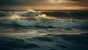 quebra onda bate em a arenoso costa às pôr do sol gerado de ai foto