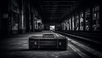 abandonado bagagem em velho formado Ferrovia estação plataforma, deixando para viagem gerado de ai foto