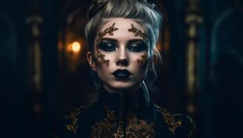 1 lindo adulto mulher dentro gótico estilo vestir, olhando assustador gerado de ai foto